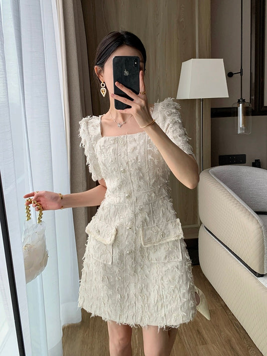 FT GUOGE small fragrant dress for women 2024 summer new high-end and beautiful slim square neck short skirt