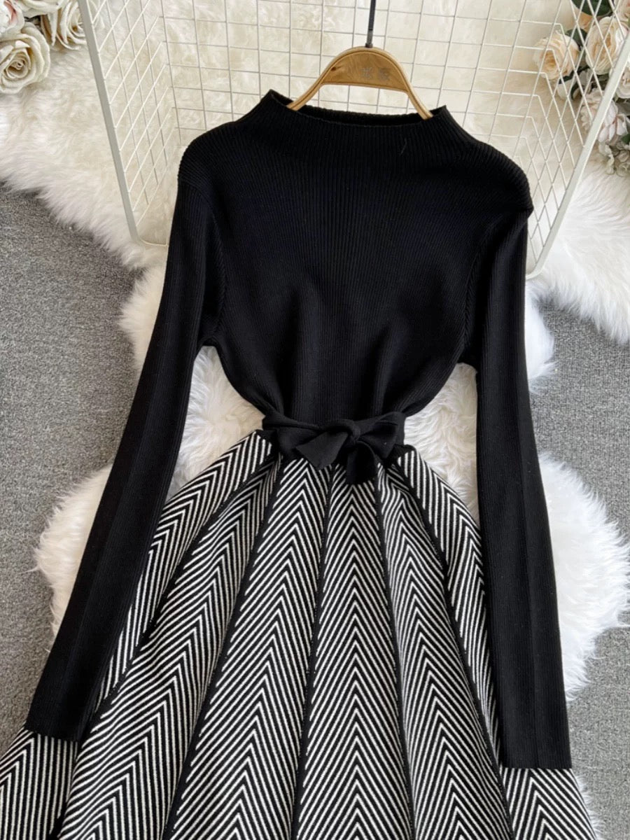 Autumn and winter fashionable ladylike long-sleeved stand-up collar waist slimming lace-up splicing A-line knitted full-length dress