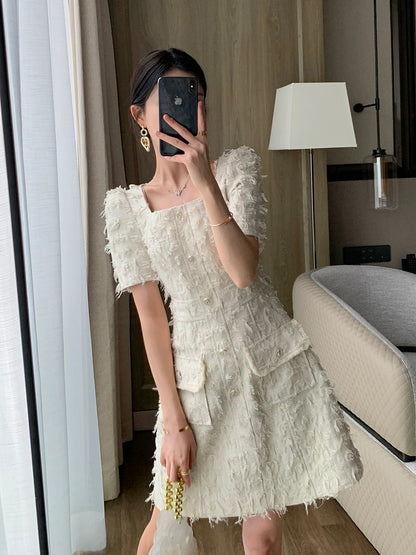 FT GUOGE small fragrant dress for women 2024 summer new high-end and beautiful slim square neck short skirt