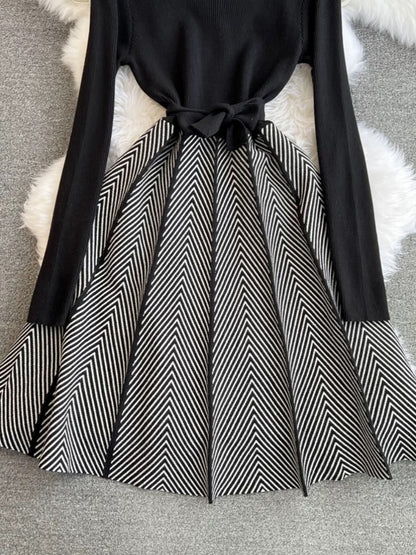 Autumn and winter fashionable ladylike long-sleeved stand-up collar waist slimming lace-up splicing A-line knitted full-length dress