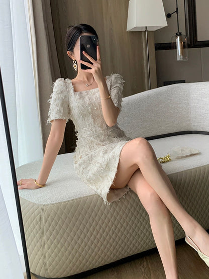 FT GUOGE small fragrant dress for women 2024 summer new high-end and beautiful slim square neck short skirt