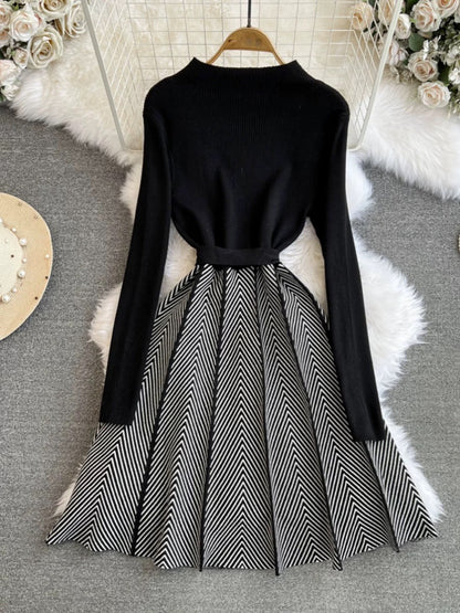 Autumn and winter fashionable ladylike long-sleeved stand-up collar waist slimming lace-up splicing A-line knitted full-length dress