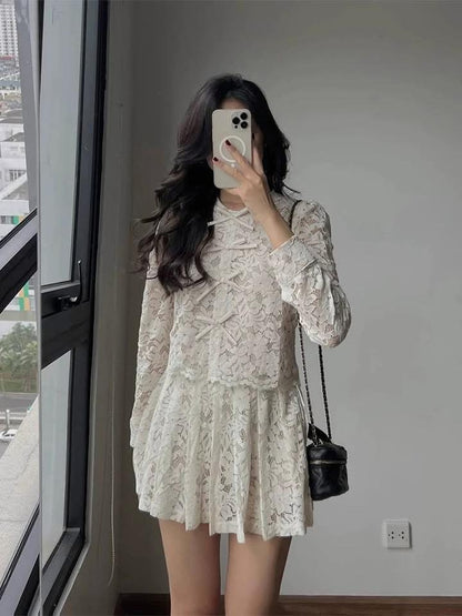 Korean chic spring new retro lace crochet bow shirt + high waist pleated skirt suit for women