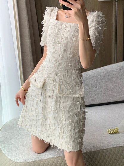 FT GUOGE small fragrant dress for women 2024 summer new high-end and beautiful slim square neck short skirt