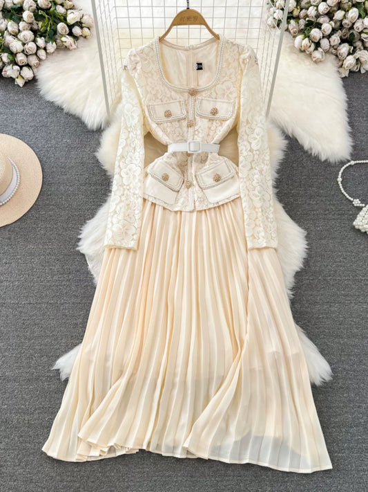 Spring and Autumn Korean style ladylike temperament fake two-piece long-sleeved square neck lace patchwork waist A-line large hem pleated dress