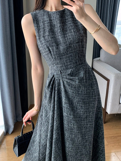 FT GUOGE sleeveless dress 2024 new summer style waist slimming goddess style commuter gray long skirt
