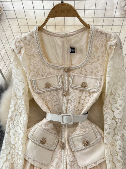 Spring and Autumn Korean style ladylike temperament fake two-piece long-sleeved square neck lace patchwork waist A-line large hem pleated dress