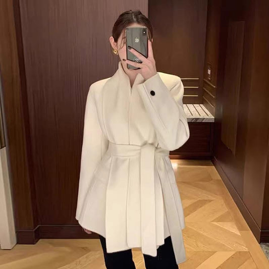 Korean chic autumn and winter high-end temperament V-neck tie waist slimming versatile petite long-sleeved woolen coat for women