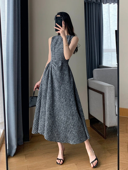 FT GUOGE sleeveless dress 2024 new summer style waist slimming goddess style commuter gray long skirt