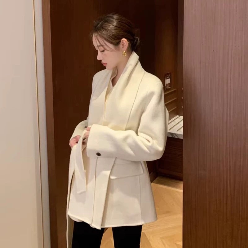 Korean chic autumn and winter high-end temperament V-neck tie waist slimming versatile petite long-sleeved woolen coat for women
