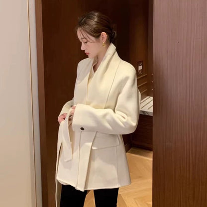 Korean chic autumn and winter high-end temperament V-neck tie waist slimming versatile petite long-sleeved woolen coat for women