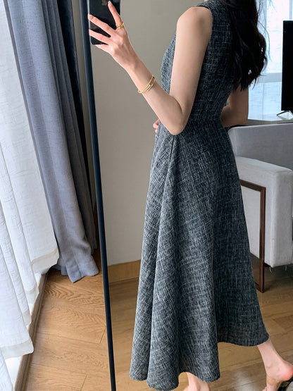 FT GUOGE sleeveless dress 2024 new summer style waist slimming goddess style commuter gray long skirt