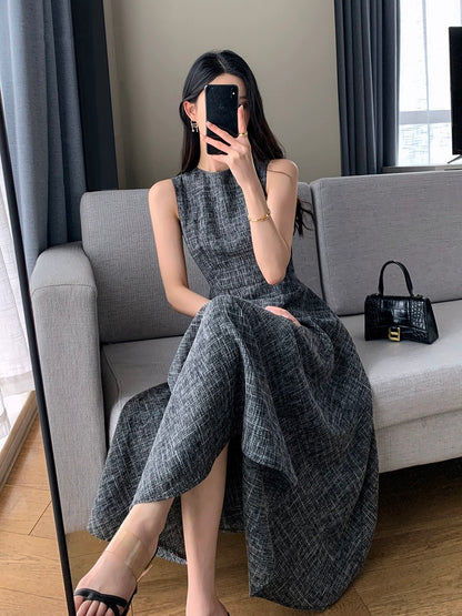 FT GUOGE sleeveless dress 2024 new summer style waist slimming goddess style commuter gray long skirt