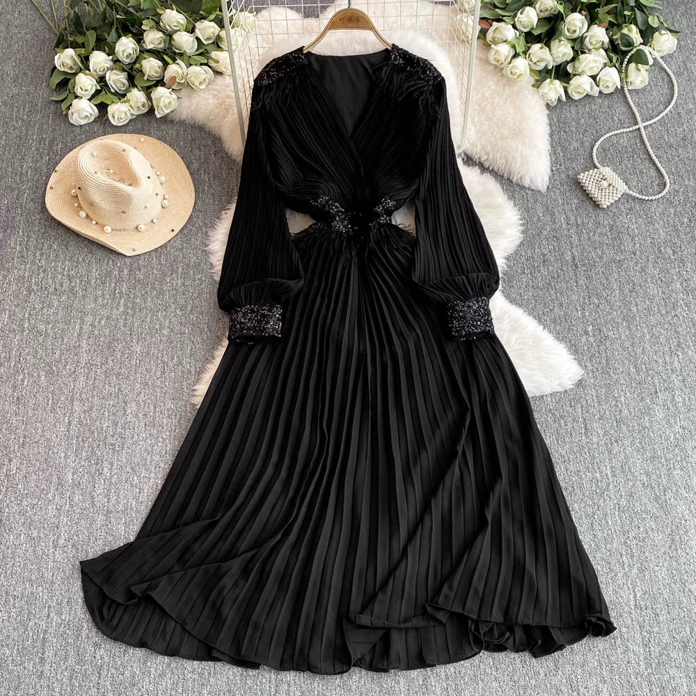 European and American big-name heavy industry pleated black long skirt women's V-neck evening dress high-end sequin embroidered luxury dress