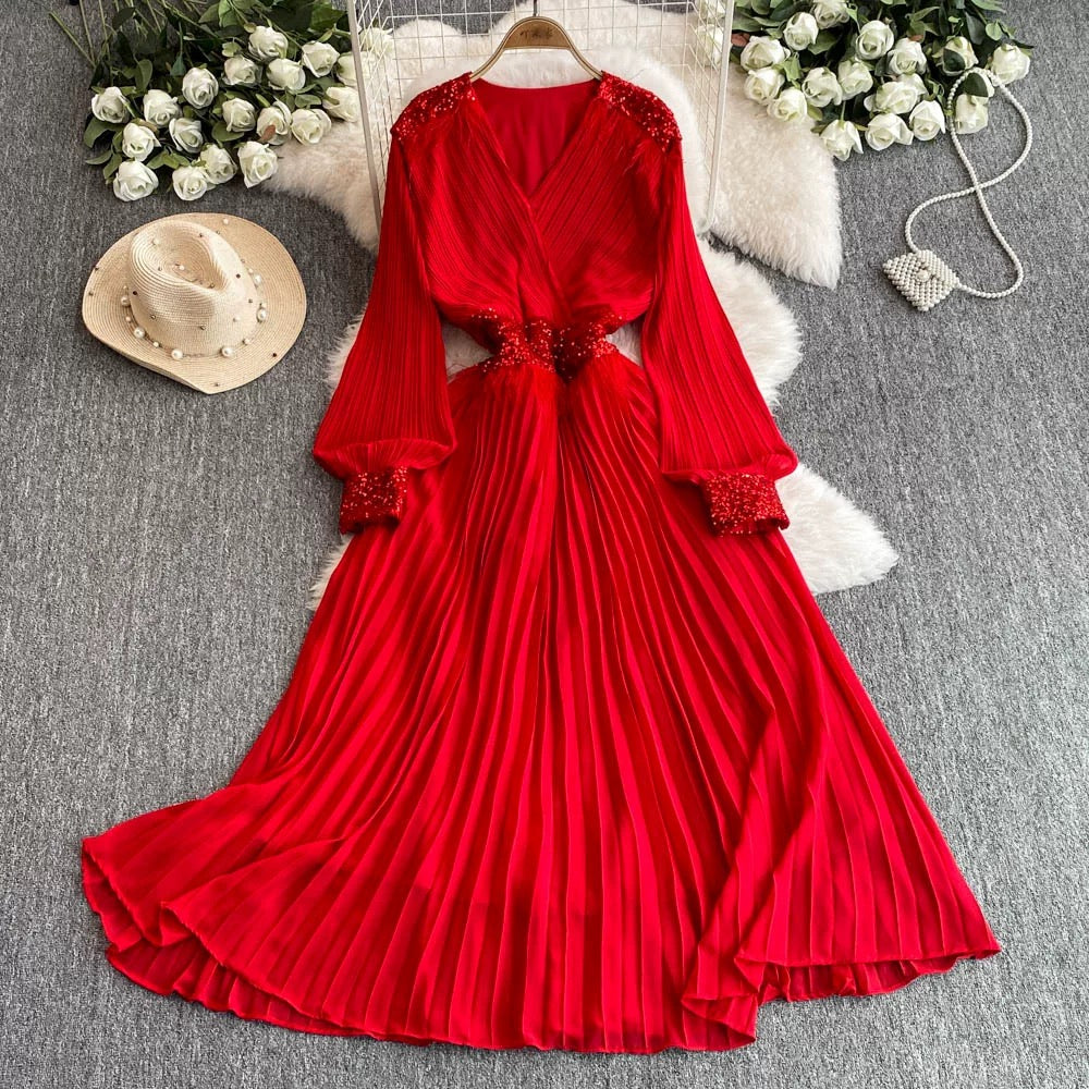 European and American big-name heavy industry pleated black long skirt women's V-neck evening dress high-end sequin embroidered luxury dress