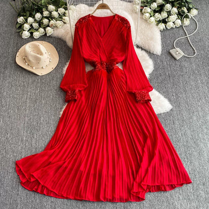 European and American big-name heavy industry pleated black long skirt women's V-neck evening dress high-end sequin embroidered luxury dress