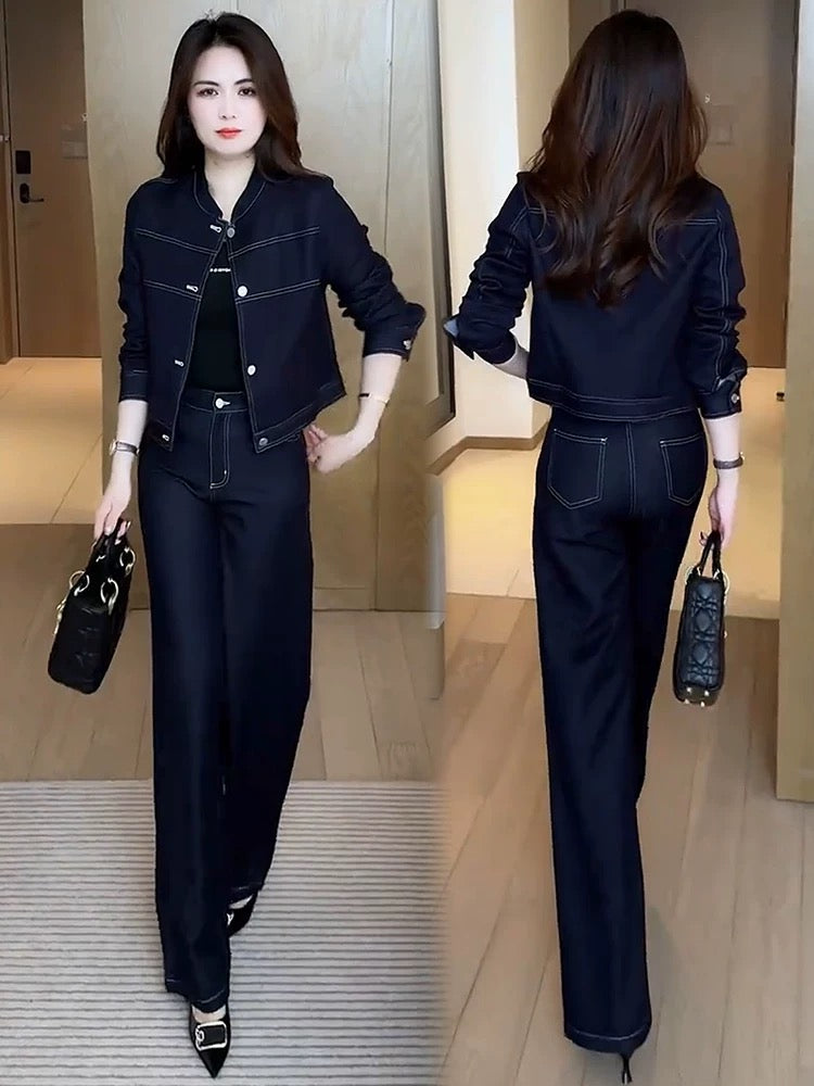 Fashion denim suit for women 2025 spring new style western temperament slim short jacket wide leg pants age-reducing two-piece suit