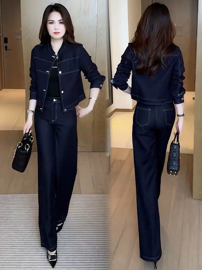 Fashion denim suit for women 2025 spring new style western temperament slim short jacket wide leg pants age-reducing two-piece suit