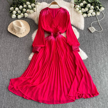 European and American big-name heavy industry pleated black long skirt women's V-neck evening dress high-end sequin embroidered luxury dress