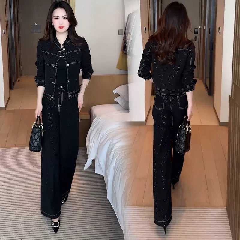 Fashion denim suit for women 2025 spring new style western temperament slim short jacket wide leg pants age-reducing two-piece suit