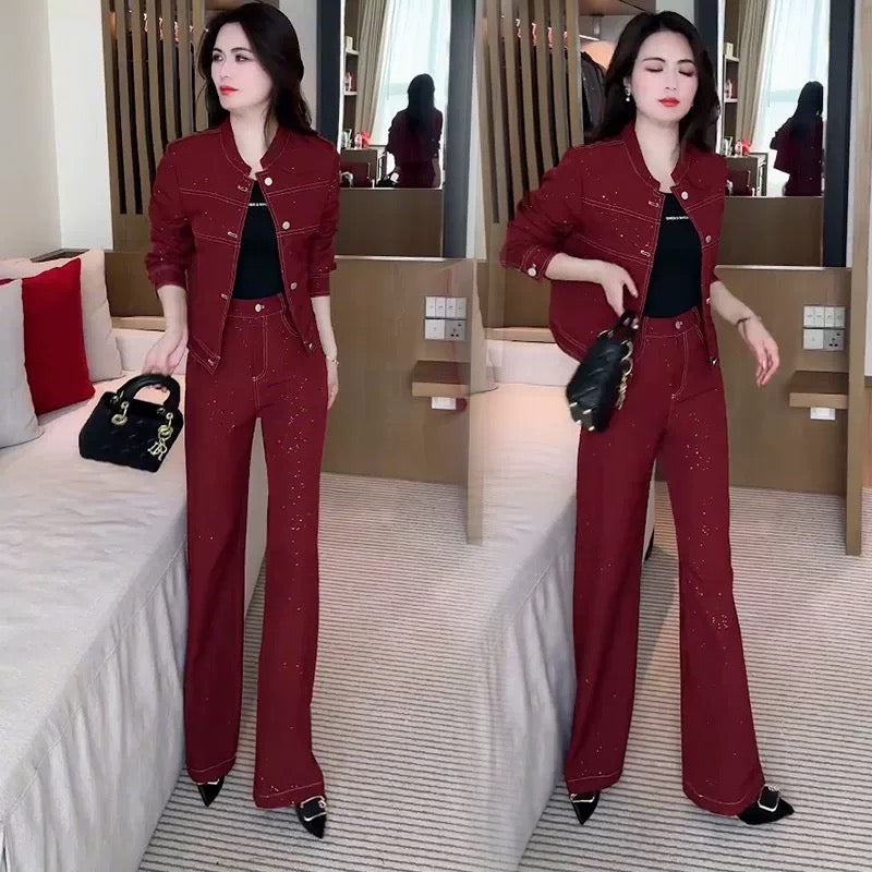 Fashion denim suit for women 2025 spring new style western temperament slim short jacket wide leg pants age-reducing two-piece suit