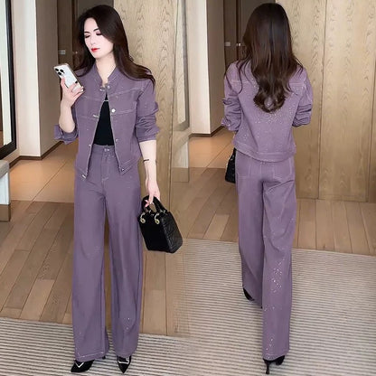 Fashion denim suit for women 2025 spring new style western temperament slim short jacket wide leg pants age-reducing two-piece suit