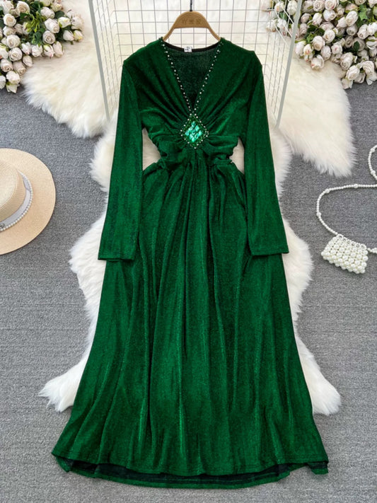 Spring and autumn Korean style ladylike long-sleeved diamond-studded V-neck waist slimming A-line bright silk dress elegant long skirt