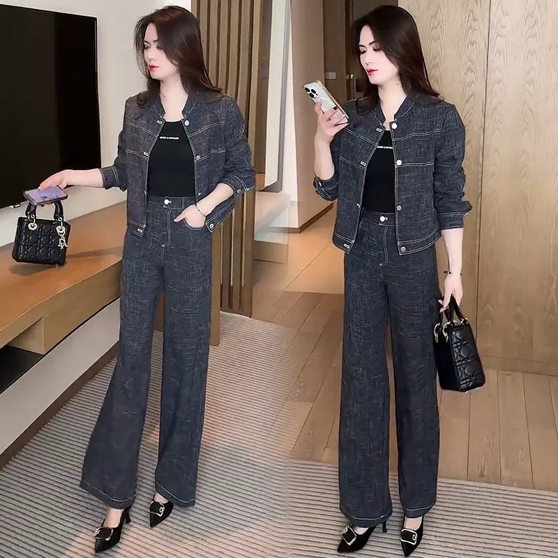 Fashion denim suit for women 2025 spring new style western temperament slim short jacket wide leg pants age-reducing two-piece suit