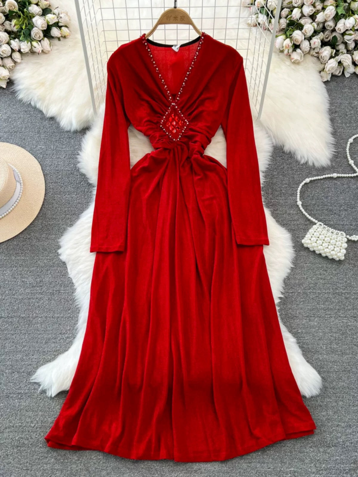 Spring and autumn Korean style ladylike long-sleeved diamond-studded V-neck waist slimming A-line bright silk dress elegant long skirt