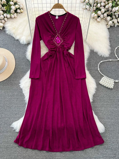 Spring and autumn Korean style ladylike long-sleeved diamond-studded V-neck waist slimming A-line bright silk dress elegant long skirt