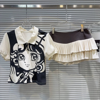 Internet celebrity same style 2025 summer new style = Japanese style sweet girl cartoon print T-shirt + cake pleated skirt suit for women