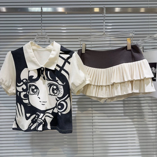 Internet celebrity same style 2025 summer new style = Japanese style sweet girl cartoon print T-shirt + cake pleated skirt suit for women