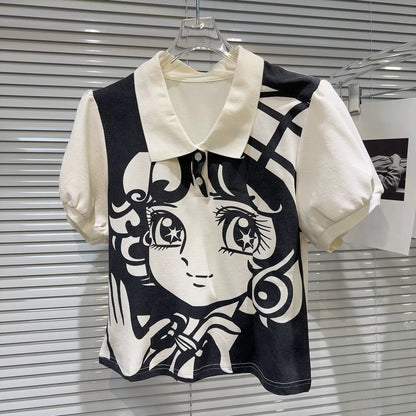Internet celebrity same style 2025 summer new style = Japanese style sweet girl cartoon print T-shirt + cake pleated skirt suit for women