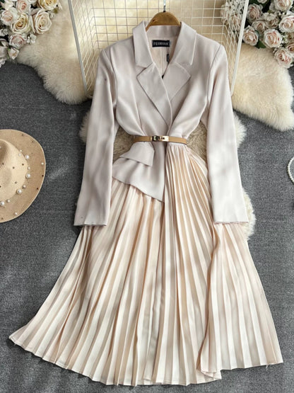 Spring and Autumn OL professional temperament fake two-piece long-sleeved suit collar waist slimming A-line pleated dress elegant long skirt