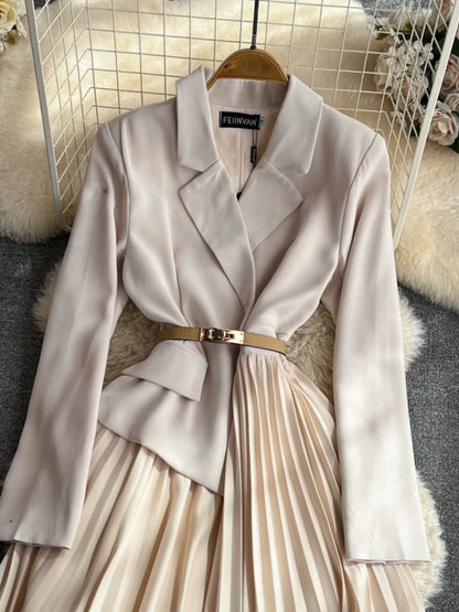 Spring and Autumn OL professional temperament fake two-piece long-sleeved suit collar waist slimming A-line pleated dress elegant long skirt