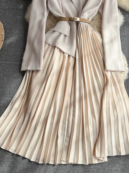Spring and Autumn OL professional temperament fake two-piece long-sleeved suit collar waist slimming A-line pleated dress elegant long skirt