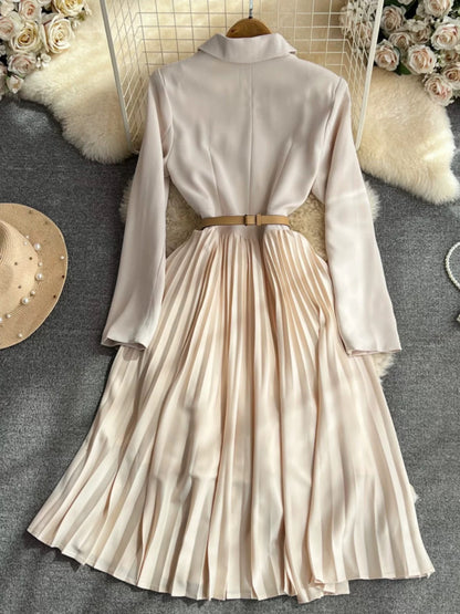 Spring and Autumn OL professional temperament fake two-piece long-sleeved suit collar waist slimming A-line pleated dress elegant long skirt