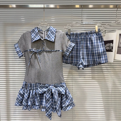 Internet celebrity style 2025 summer new style personality sweet and spicy strappy plaid splicing short-sleeved dress + shorts set