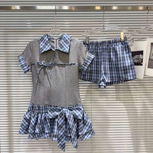 Internet celebrity style 2025 summer new style personality sweet and spicy strappy plaid splicing short-sleeved dress + shorts set