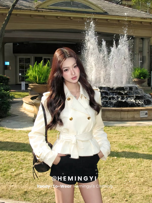 In-Stock: HeMingYi Korean-style "Old Money" aesthetic vintage cropped trench coat set—early autumn double-breasted jacket with a waist-cinching fit.