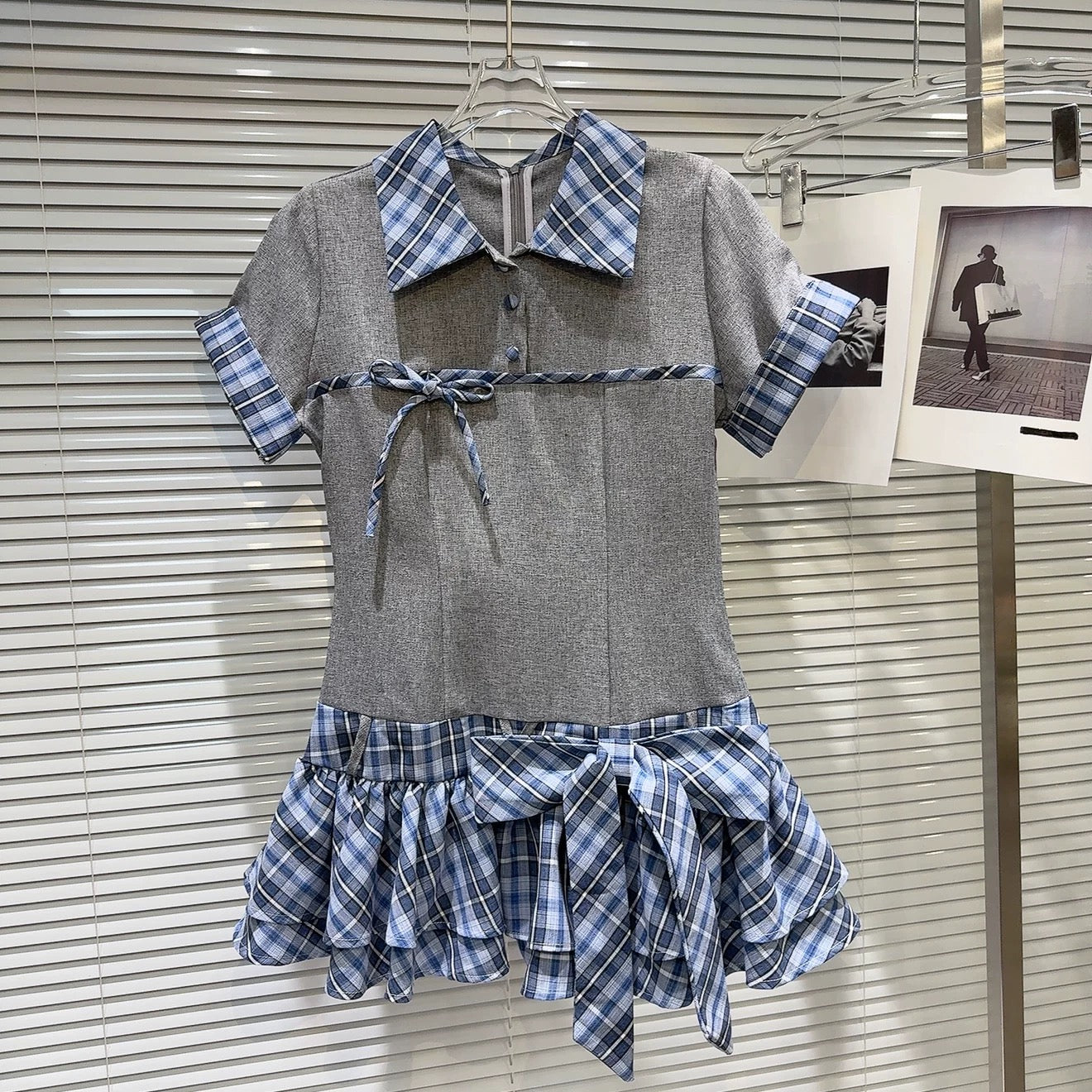Internet celebrity style 2025 summer new style personality sweet and spicy strappy plaid splicing short-sleeved dress + shorts set