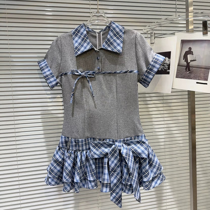 Internet celebrity style 2025 summer new style personality sweet and spicy strappy plaid splicing short-sleeved dress + shorts set