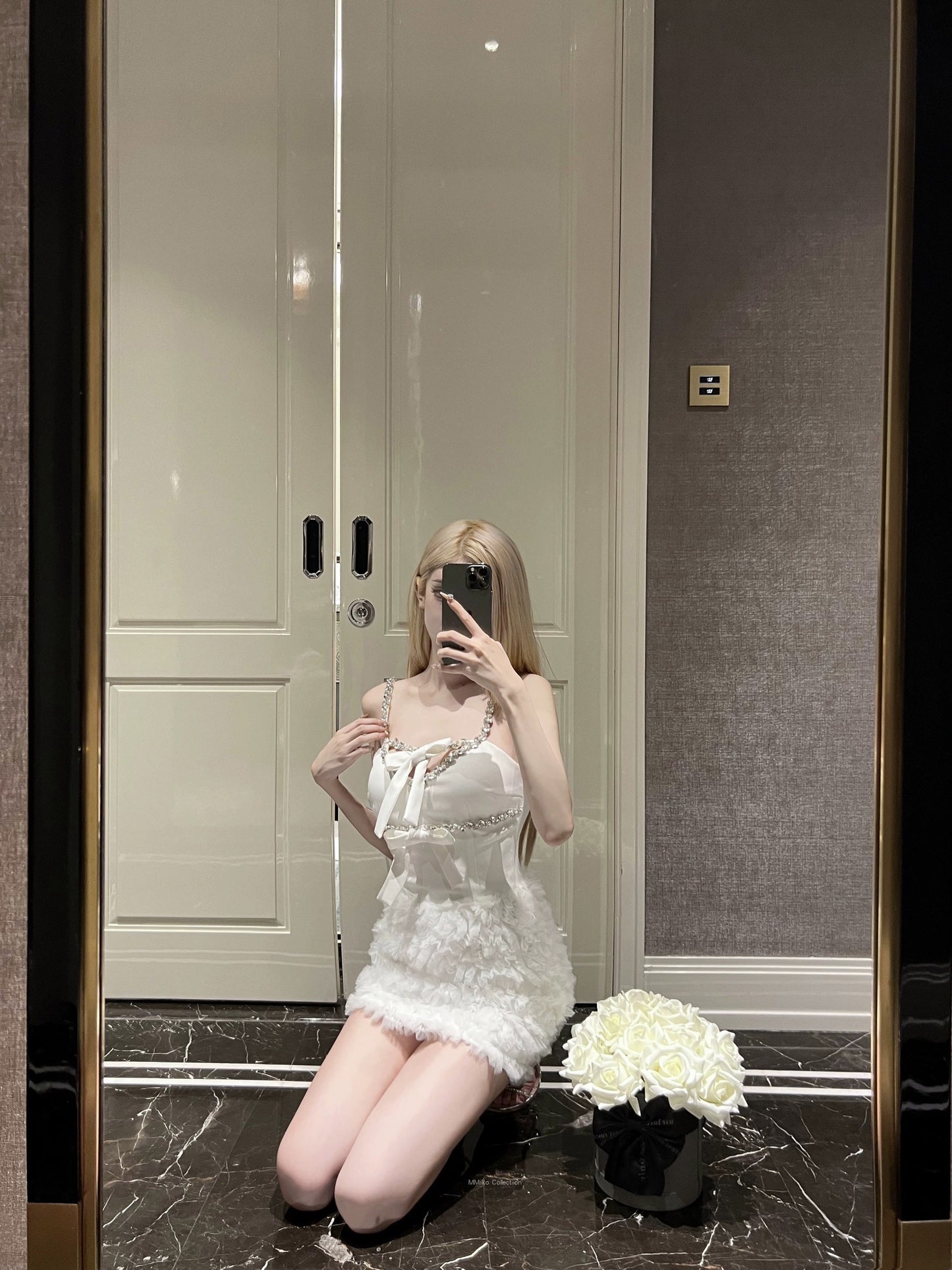 MMiko original exclusive white three-dimensional flower fully handmade diamond chain suspender skirt sweet birthday dress dress