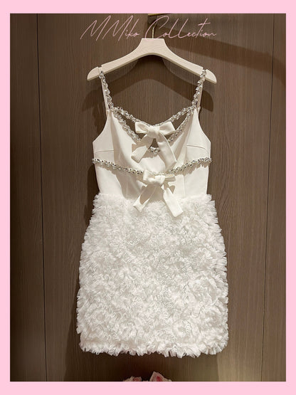 MMiko original exclusive white three-dimensional flower fully handmade diamond chain suspender skirt sweet birthday dress dress