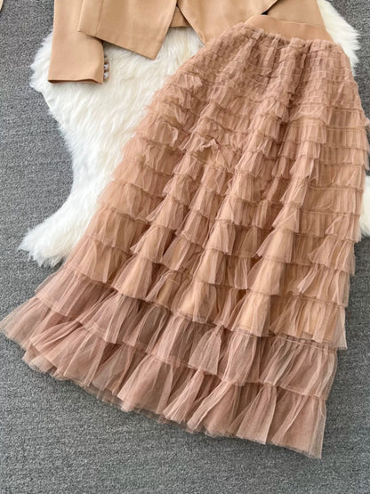 Fashion suit, ladylike temperament suit jacket, two-piece high-waisted slimming A-line layered mesh cake skirt