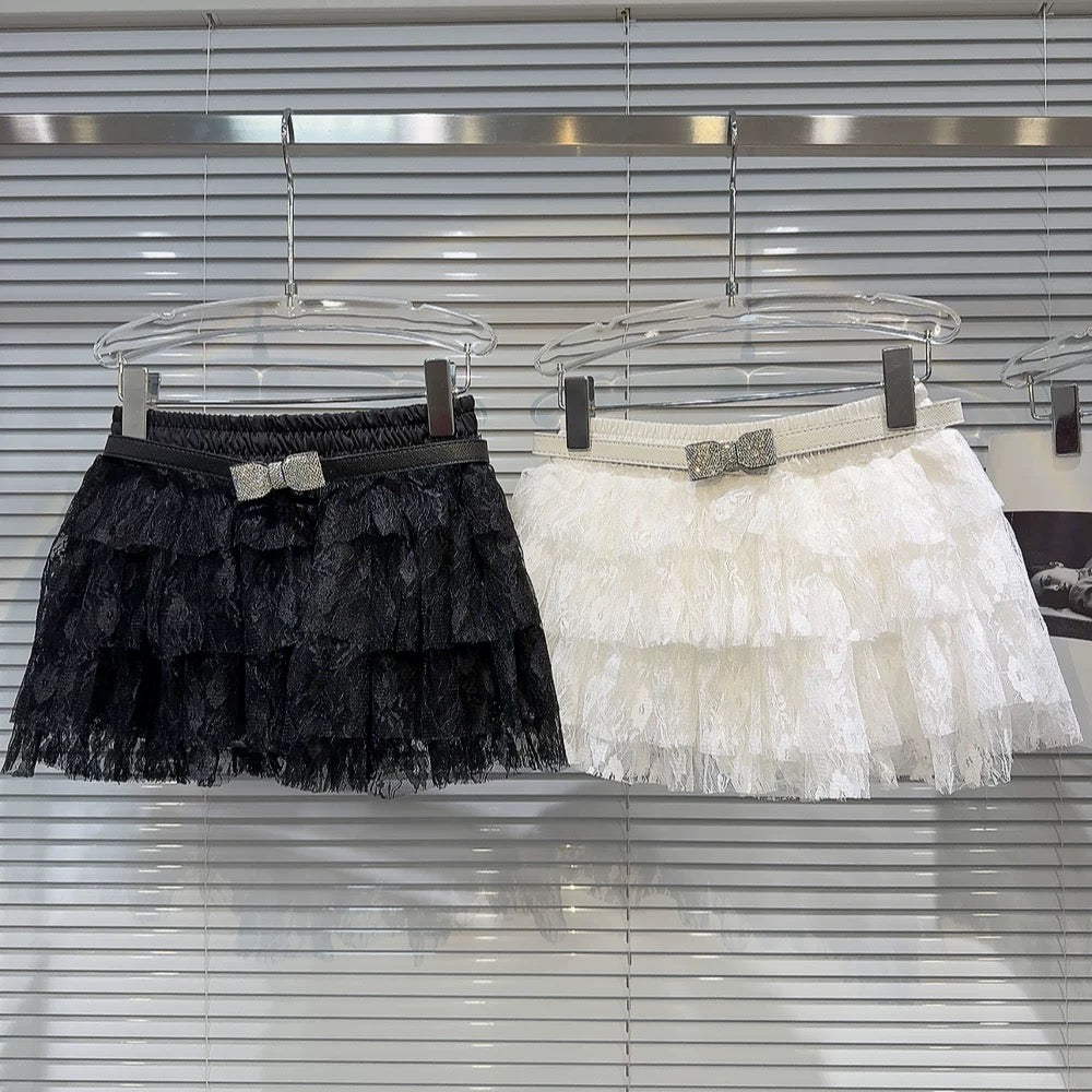 Internet celebrity same style 2025 summer new bow diamond belt multi-layer lace sweet short skirt cake skirt half skirt