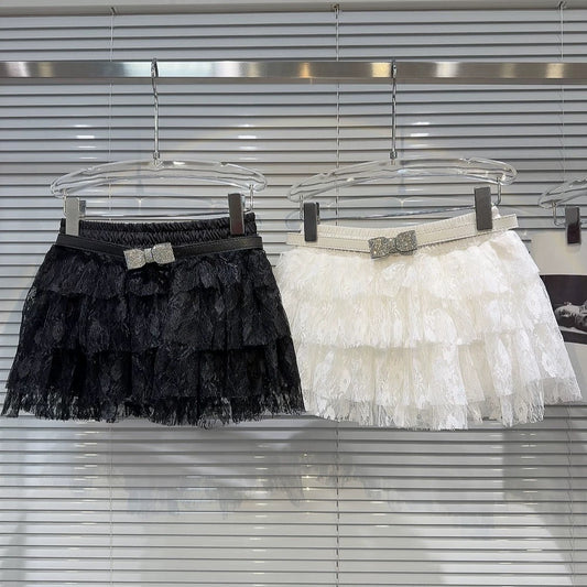 Internet celebrity same style 2025 summer new bow diamond belt multi-layer lace sweet short skirt cake skirt half skirt