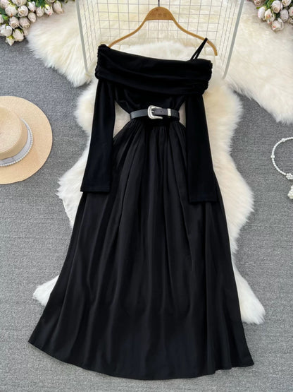 French Hepburn style ladylike temperament slant collar off-shoulder ruffled suspender waist slimming A-line dress for women