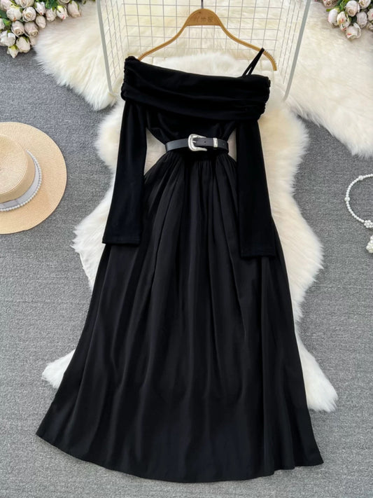 French Hepburn style ladylike temperament slant collar off-shoulder ruffled suspender waist slimming A-line dress for women