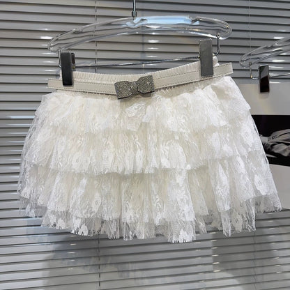 Internet celebrity same style 2025 summer new bow diamond belt multi-layer lace sweet short skirt cake skirt half skirt
